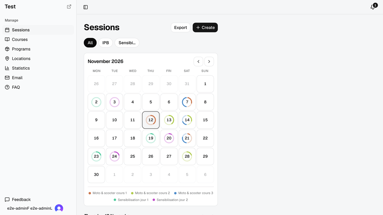 The same sessions view today, with booking rings on each day