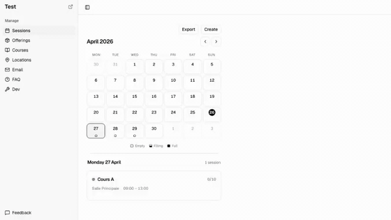 The admin sessions view in April: a plain month calendar