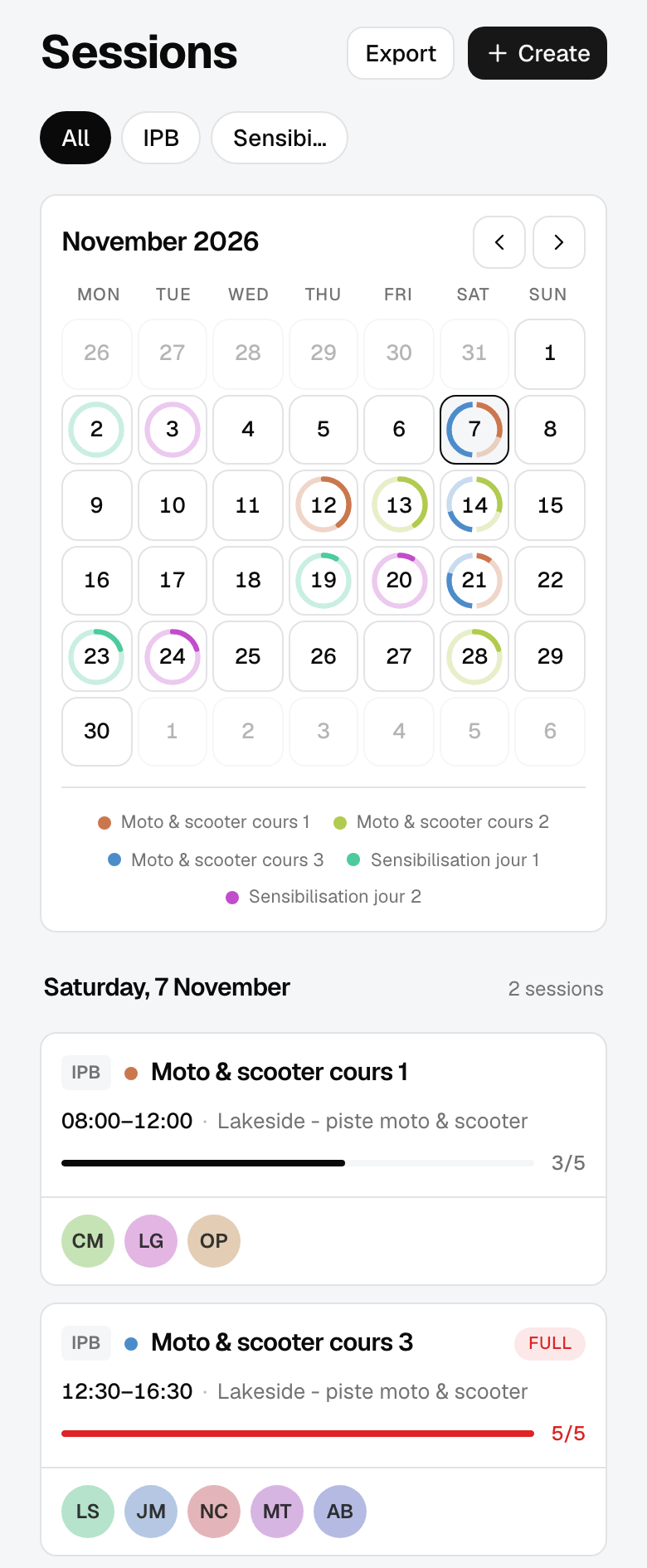 The sessions calendar on a phone: rings fill up as students book, with the day's sessions below