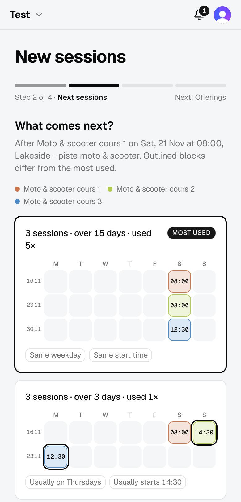 The session wizard suggesting sets of sessions from the school's past patterns