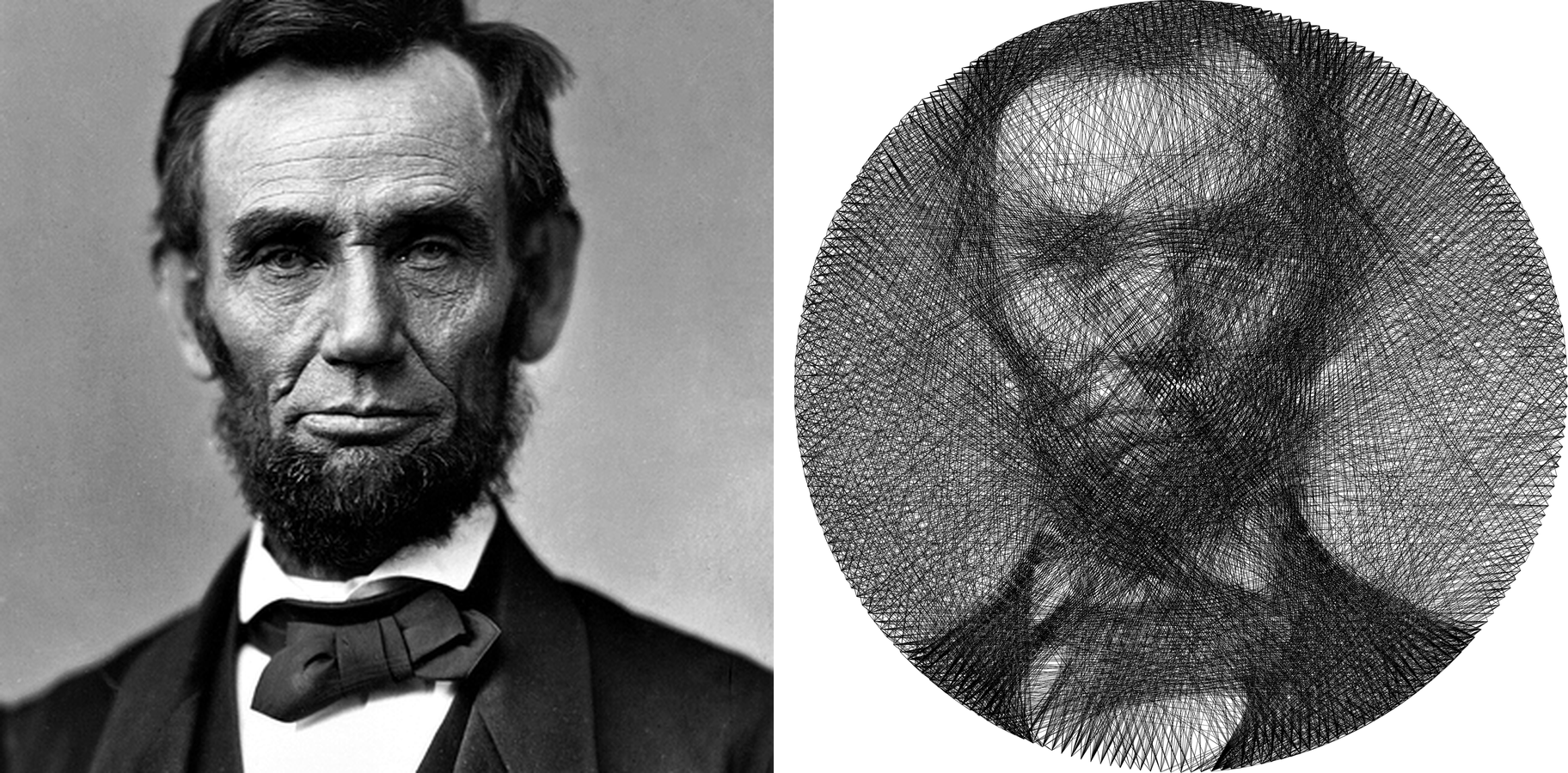 Lincoln, the photograph next to the same portrait rendered as ~2,800 thread chords on a circle of pins