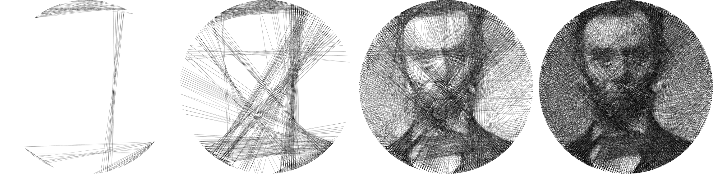 Four stages of the same portrait, from a sparse scaffold of lines to a full likeness
