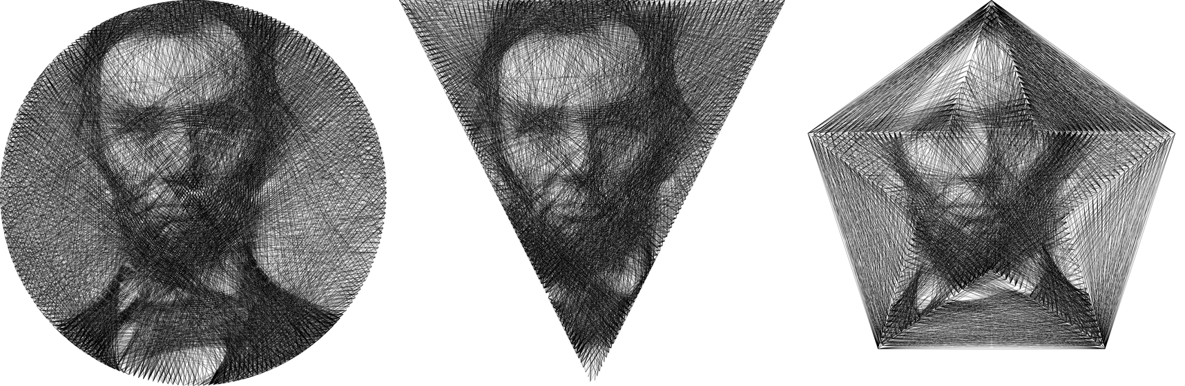 The same portrait solved on circular, triangular, and star-shaped pin layouts