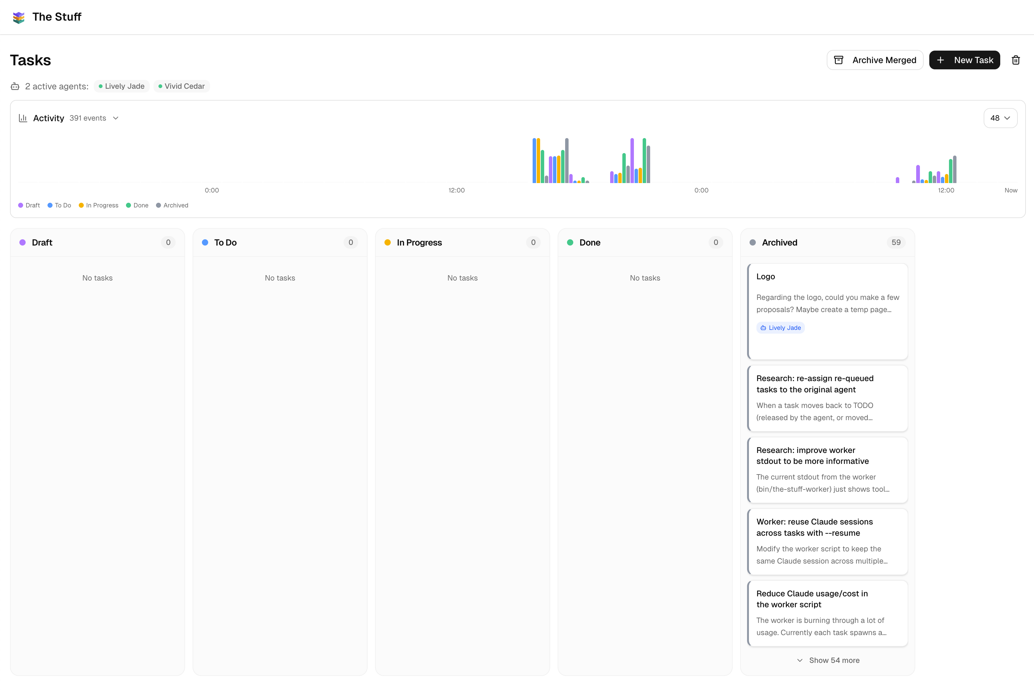 The Stuff — Kanban board with active agents