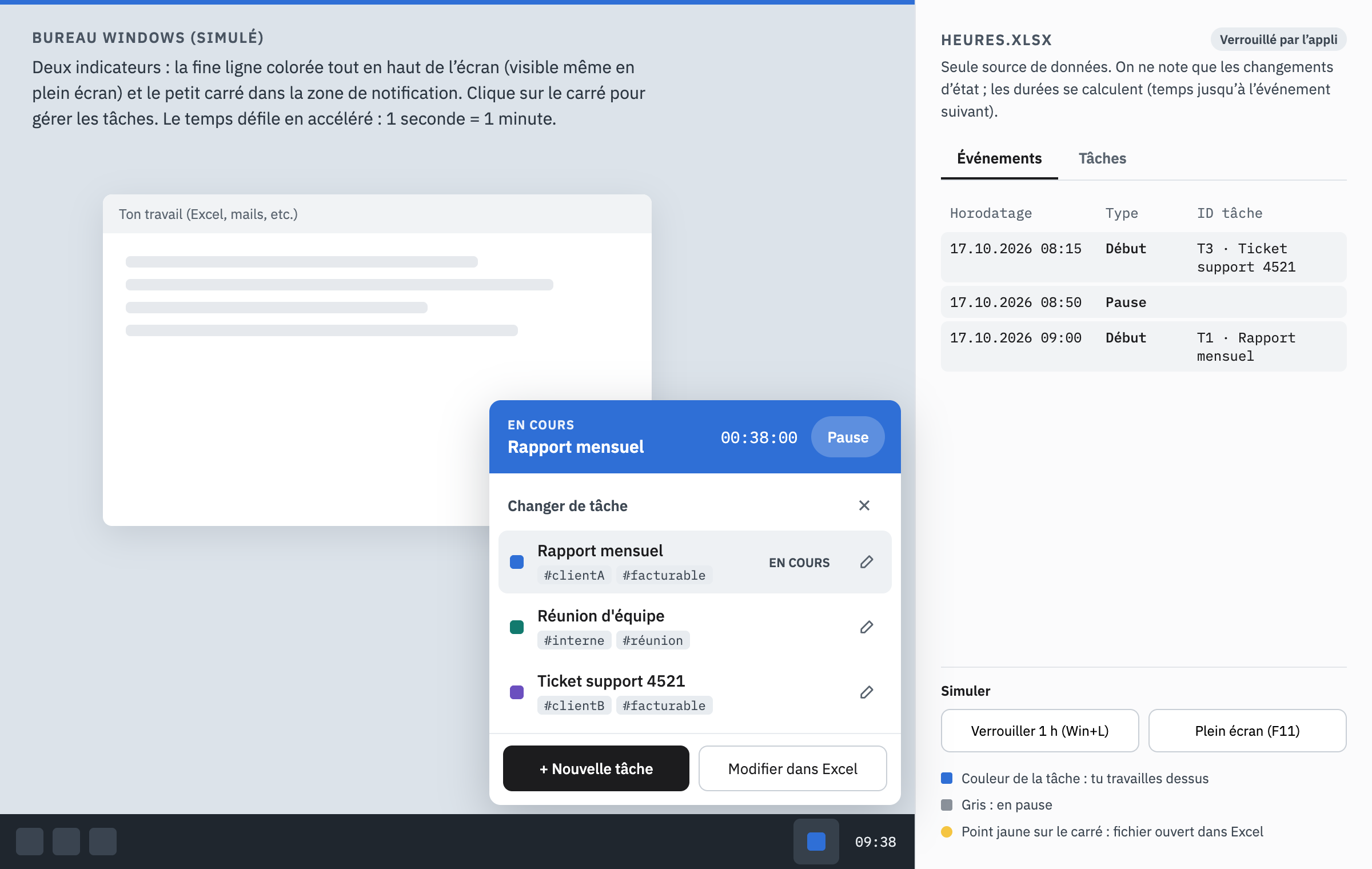 The interactive mockup: a simulated desktop with a blue line at the top, a square in the taskbar, the task window, and the Excel file on the right