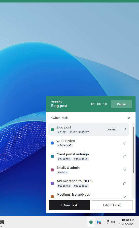 Close-up of the task window above the tray icon: 'Blog post' running for 1:06 with a Pause button, the list of tasks with their tags, and New task and Edit in Excel buttons